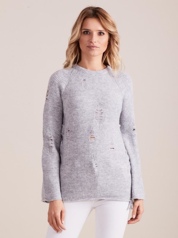 Wholesale Gray loose sweater with lacing and wide sleeves