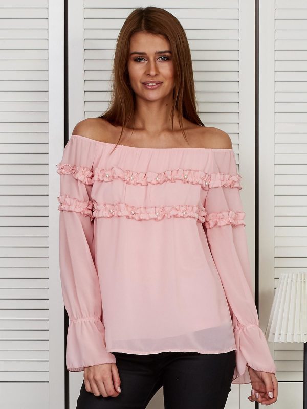 Wholesale Spanish blouse with frills and pearls pink