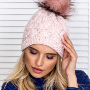 Wholesale Insulated cap with pompom and braided pattern light pink