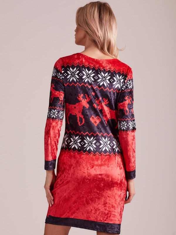 Wholesale Red velvet dress with Norwegian patterns