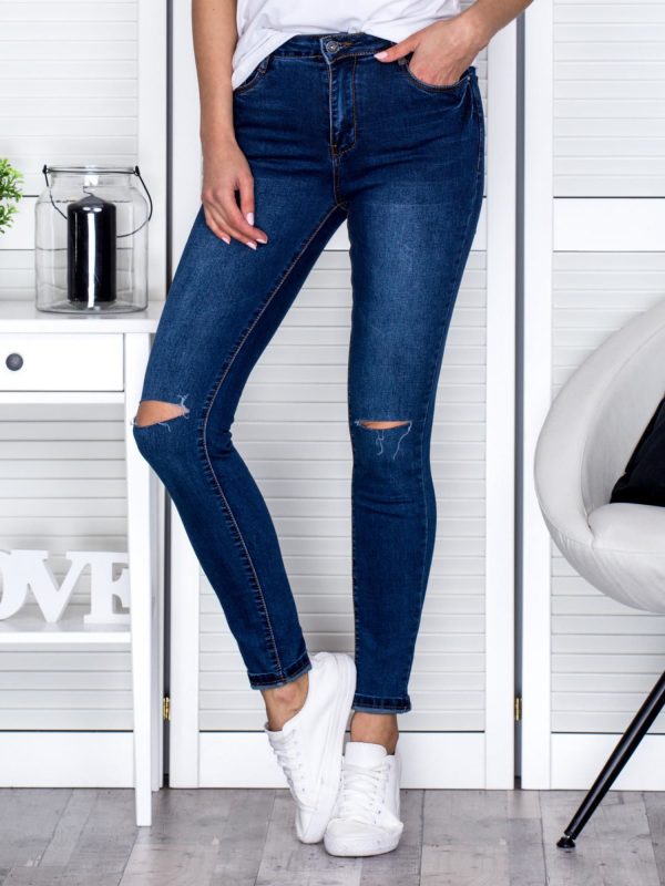 Wholesale Jeans with slits on the knees blue