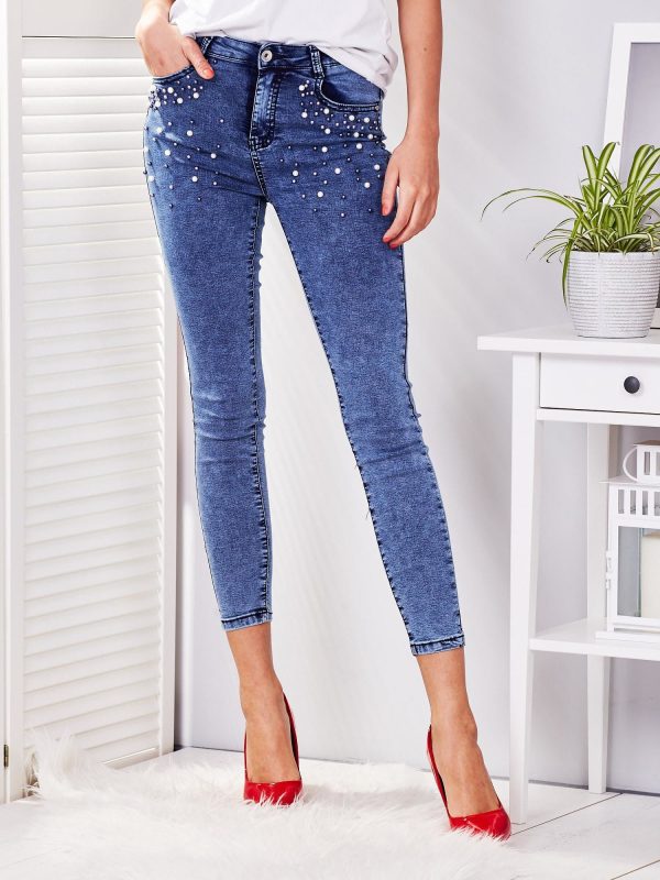 Wholesale Blue skinny jeans with colorful pearls