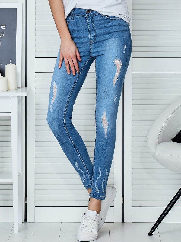 Wholesale Blue denim skinny pants with lace inserts