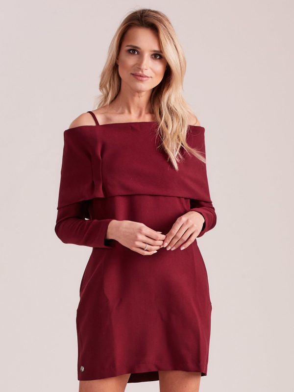 Wholesale Burgundy cold arms dress with wide flounce