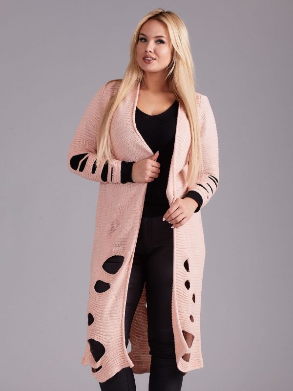 Wholesale Pale pink long sweater with holes PLUS SIZE