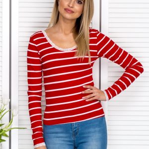 Wholesale Red striped blouse with lace trim