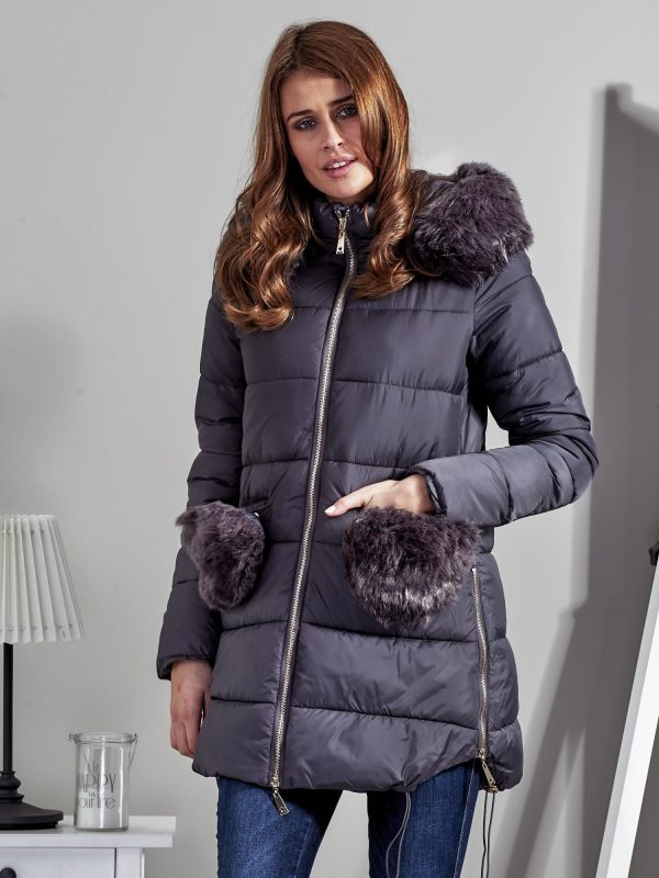 Wholesale Grey coat with fur pockets