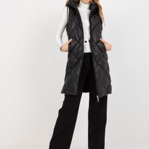 Wholesale Black Eco-Leather Long Vest With Hooded