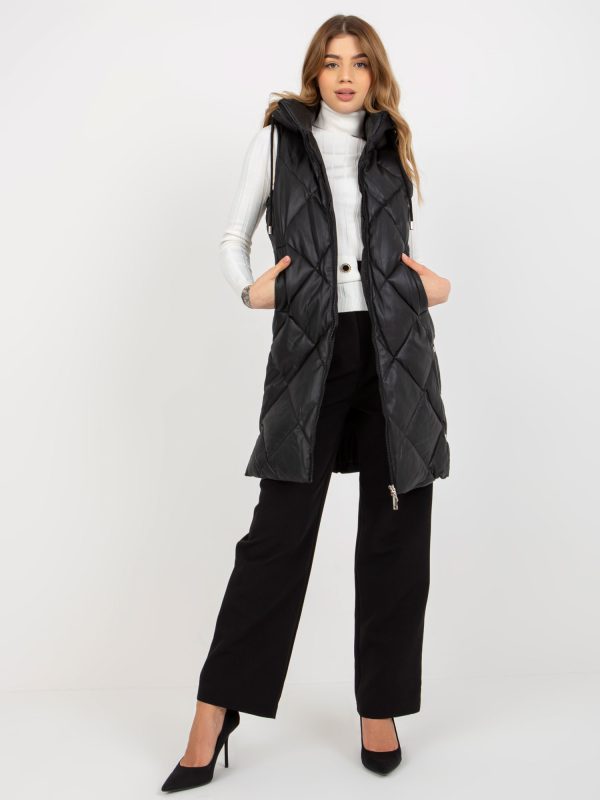 Wholesale Black Eco-Leather Long Vest With Hooded