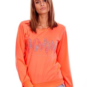 Wholesale Peach light sweatshirt with feather print and rhinestones