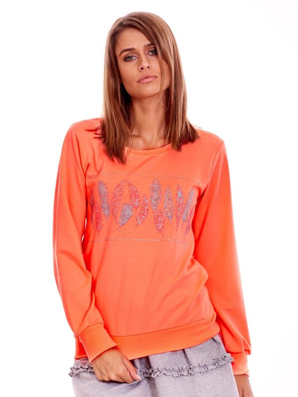 Wholesale Peach light sweatshirt with feather print and rhinestones