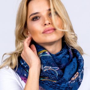 Wholesale Navy blue airy wrap in folk patterns