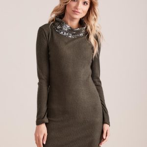 Wholesale Khaki Matching Stripe Turtleneck Knitted Dress