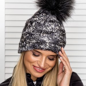 Wholesale Insulated melange braid cap with pompom dark gray