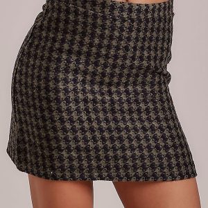 Wholesale Khaki trapezoidal houndstooth skirt