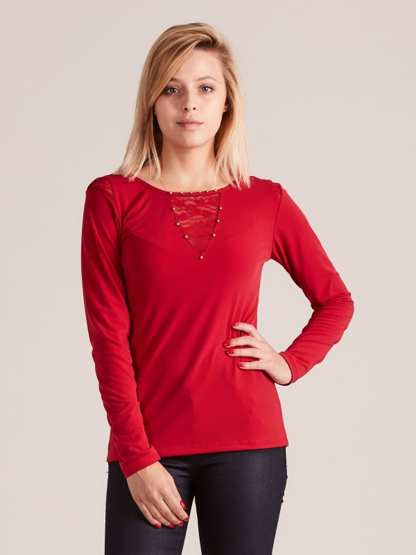 Wholesale Blouse with pearls on the neckline red