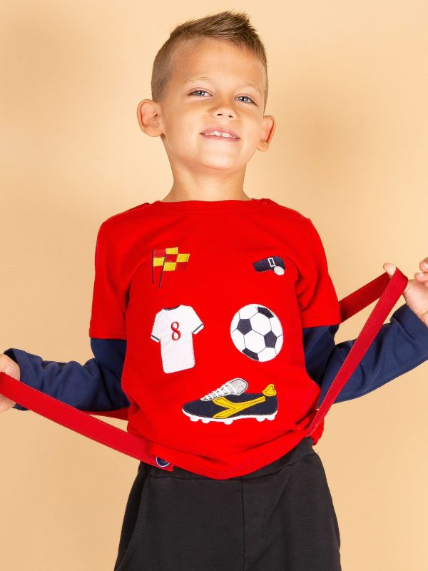 Wholesale Cotton red blouse for boy with sports stripes