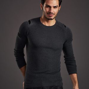 Wholesale Dark gray men's sweater with slits on the sleeves