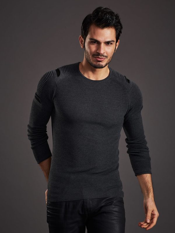 Wholesale Dark gray men's sweater with slits on the sleeves