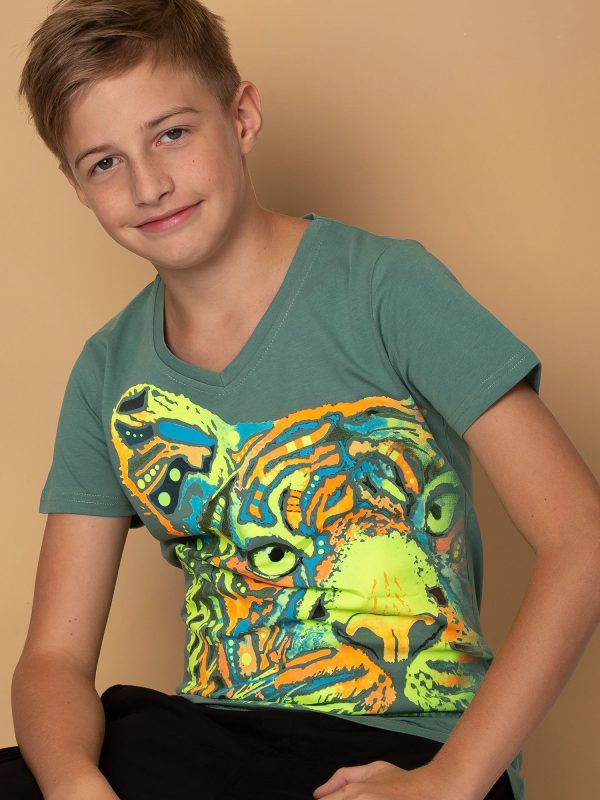 Wholesale Khaki boy t-shirt with tiger