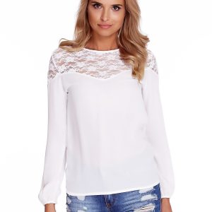 Wholesale White chiffon blouse with lace neckline