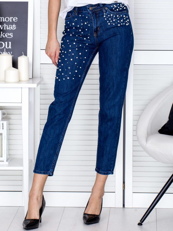 Wholesale Blue straight trousers with pearls