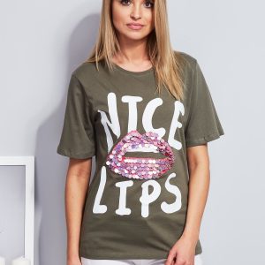 Wholesale Loose t-shirt with sequin lips khaki