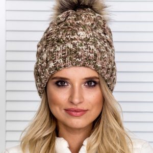 Wholesale Insulated braid hat with pompom brown-green