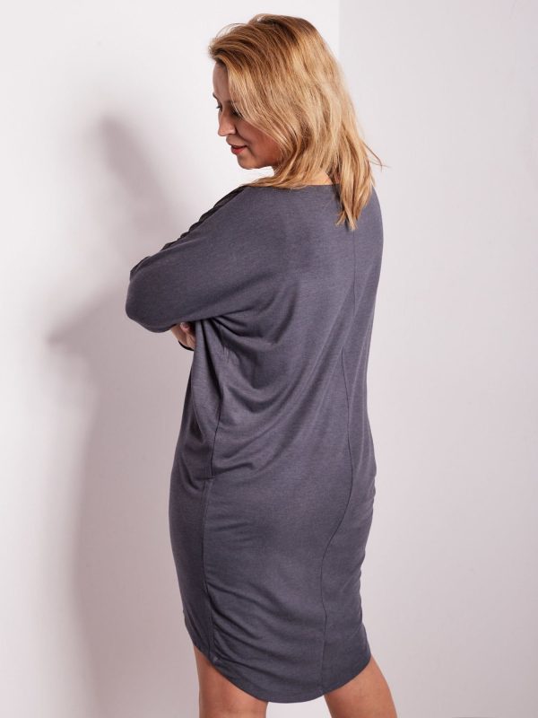 Wholesale Grey dress with rhinestones and long sleeves PLUS SIZE