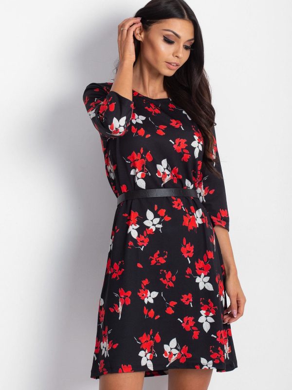 Wholesale Black Loose Dress with Red Flowers