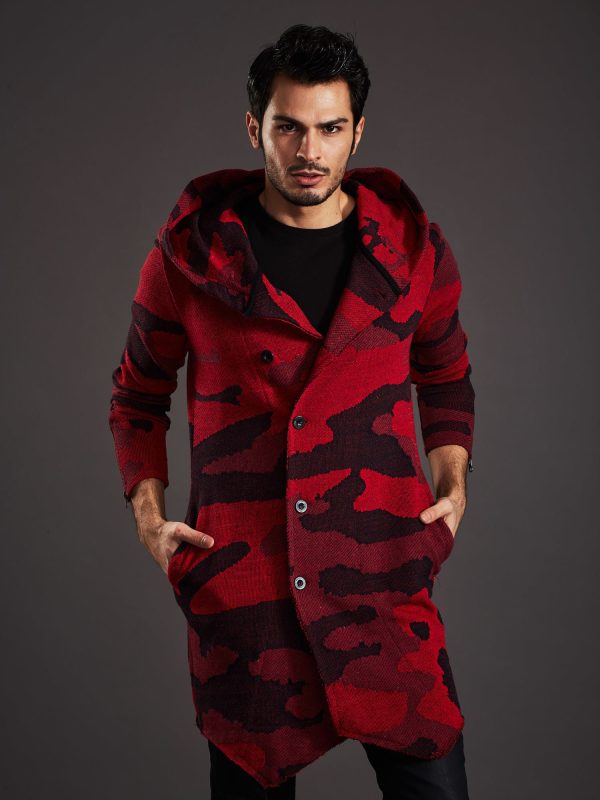 Wholesale Red camo men's sweater with asymmetrical clasp