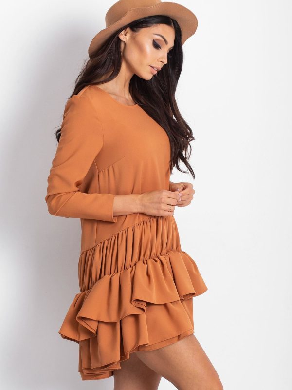 Wholesale Dress with frills light brown