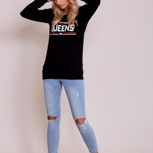 Wholesale Black lightweight sweatshirt with the inscription QUEENS NYC