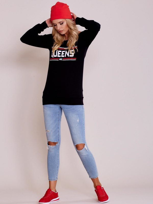 Wholesale Black lightweight sweatshirt with the inscription QUEENS NYC
