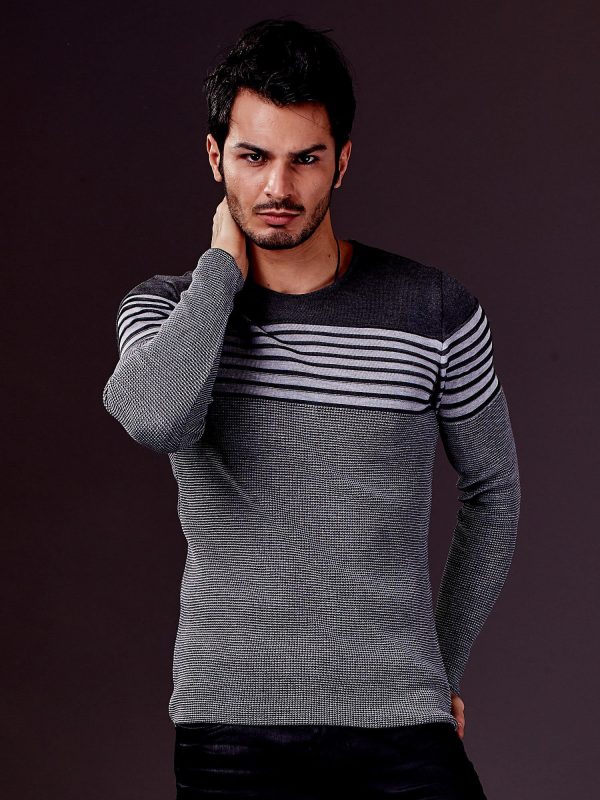 Wholesale Gray Horizontal Striped Men's Sweater