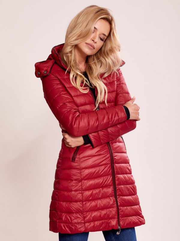 Wholesale Burgundy quilted coat with detachable hood