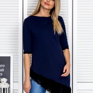 Wholesale Navy blue tunic with asymmetrical lace trim