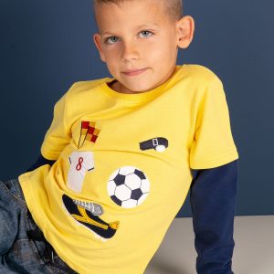 Wholesale Cotton yellow blouse for boy with sports stripes