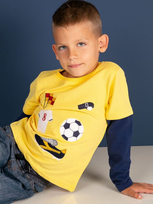 Wholesale Cotton yellow blouse for boy with sports stripes