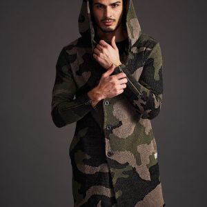 Wholesale Khaki men's camo sweater with asymmetrical clasp