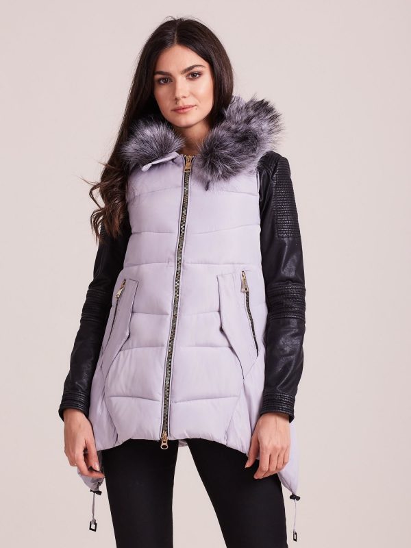 Wholesale Light gray winter vest with hood and fur