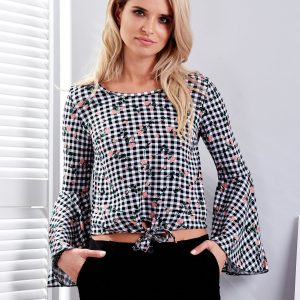 Wholesale Checkered blouse with wide sleeves black