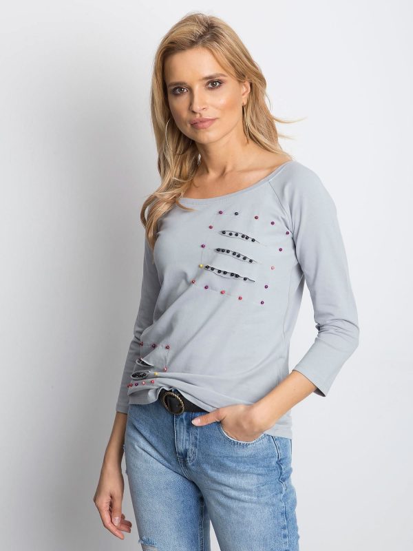 Wholesale Gray blouse with colorful pearls and slits