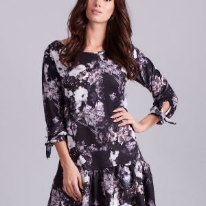 Wholesale Black floral dress with tie on the sleeves