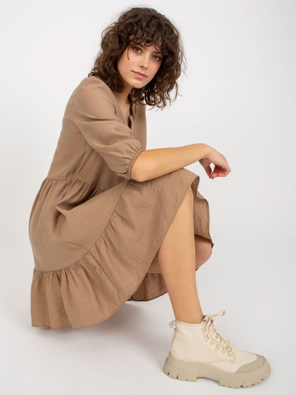 Wholesale Dark Beige Loose Ruffle 3/4 Sleeve Harly Dress