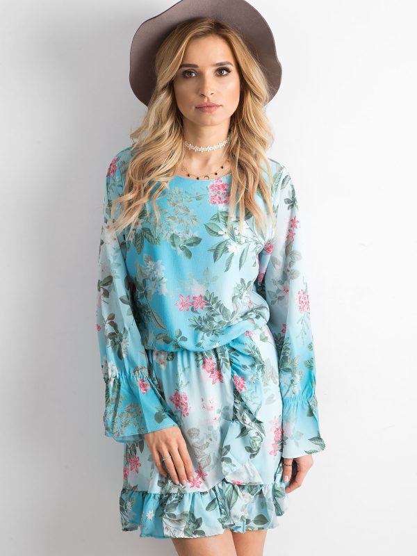 Wholesale Blue floral dress with back neckline