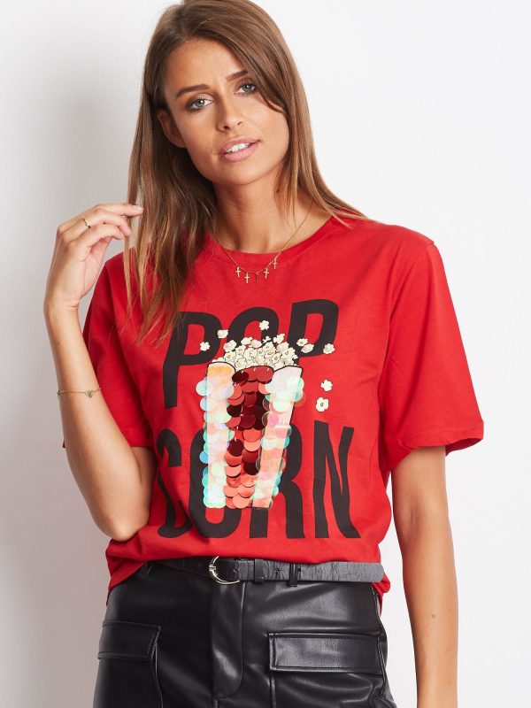 Wholesale Loose popcorn print t-shirt with sequins red