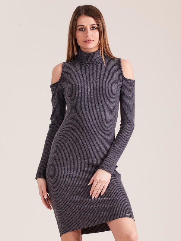 Wholesale Dark grey cut out knitted dress with turtleneck
