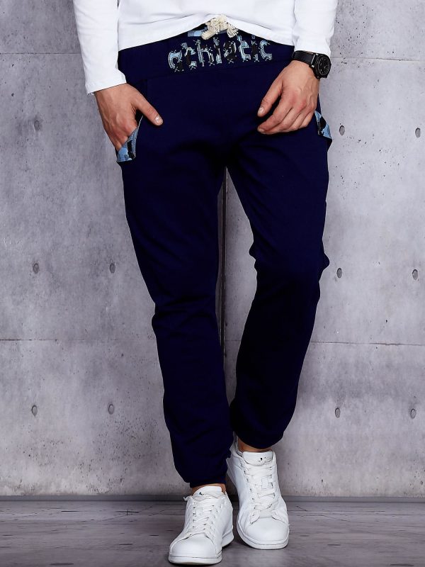 Wholesale Men's sweatpants navy blue with stripes and patches