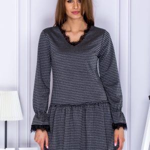 Wholesale Grey houndstooth dress with lace trim neckline